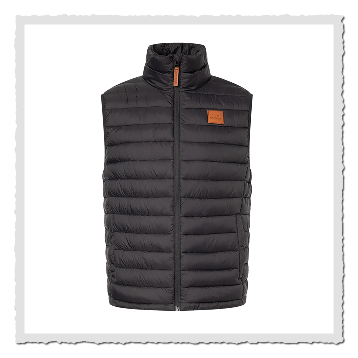 Schwarze gesteppte Weste mit Stehkragen, Frontansicht freigestellt auf weißem Hintergrund.